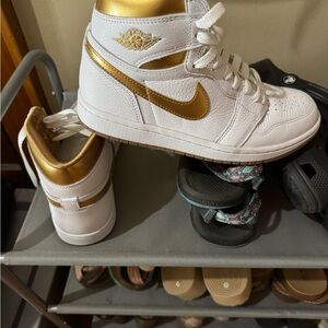 Jordan Women's White and Gold High-Top Sneakers